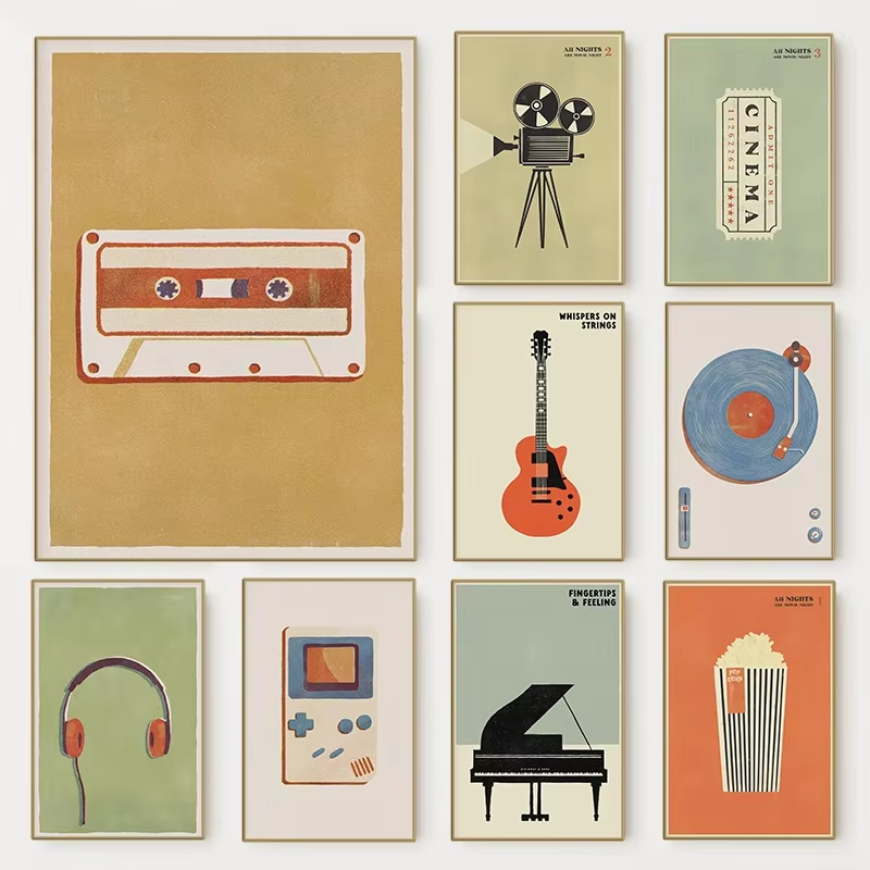 Musical Instrument Photo - レトロな中世風ポップミュージック楽器ポスター | 90年代のファッションミュージカルキャンバスアート | 家、リビングルーム、バーの装飾