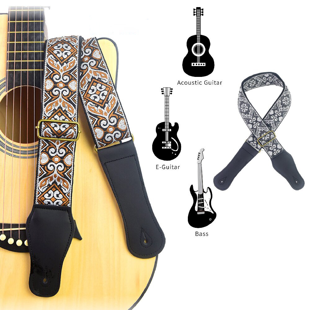 Musical Instrument Dulcimer - ギターストラップ刺繍プリントエスニックスタイル調節可能なギターストラップフォークエレキギターベースウクレレギターアクセサリー用