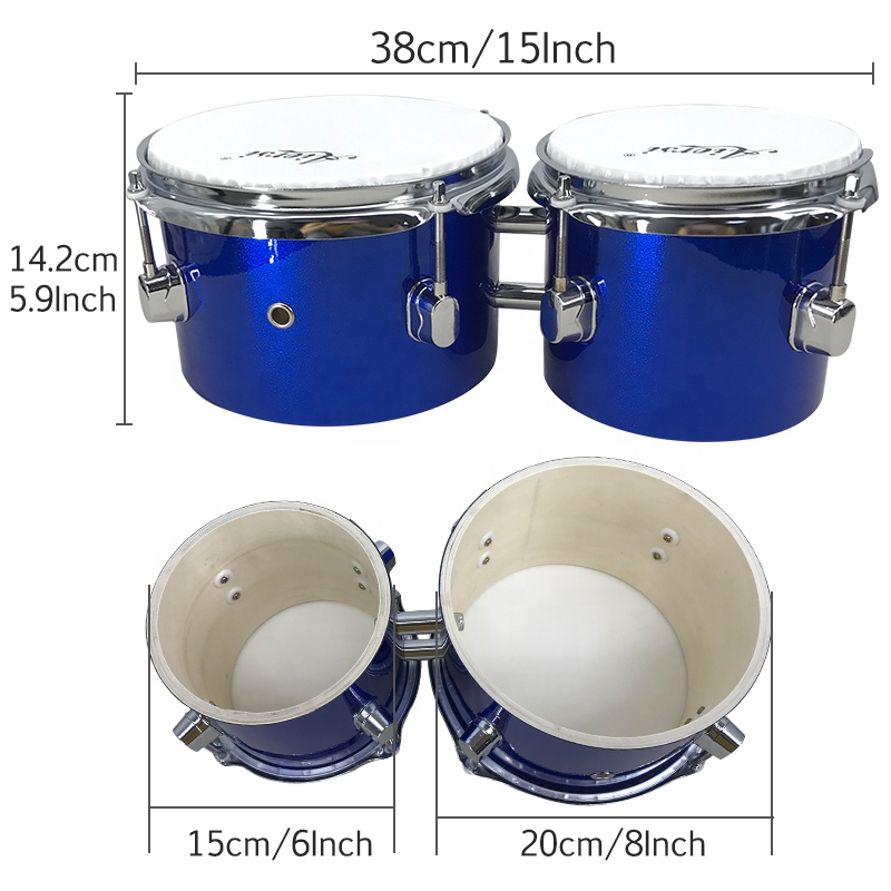 青色のカスタムブランド製6/8インチメープルウッドボンゴドラ - Bongo Drum Set のレビューと価格